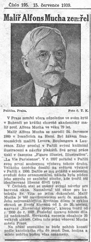 ミュシャの死を伝えるチェコの新聞
